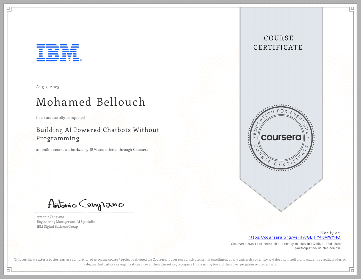Building AI Powered Chatbots Without Programming certificate preview