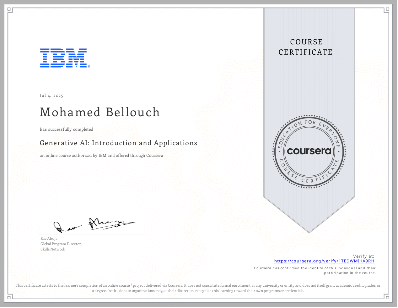 Generative AI: Introduction and Applications certificate preview