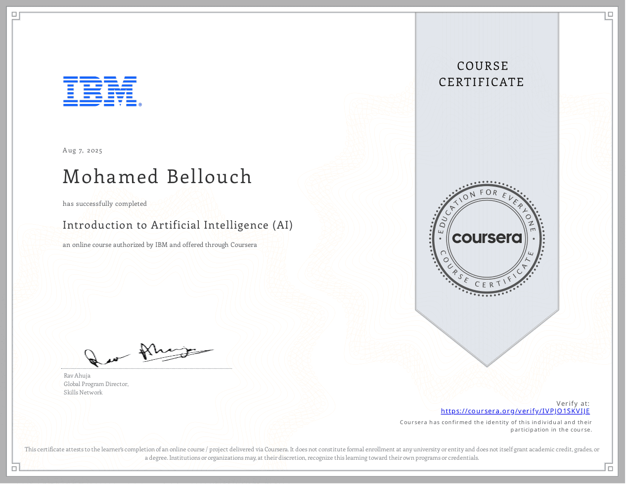 Introduction to Artificial Intelligence (AI) certificate preview