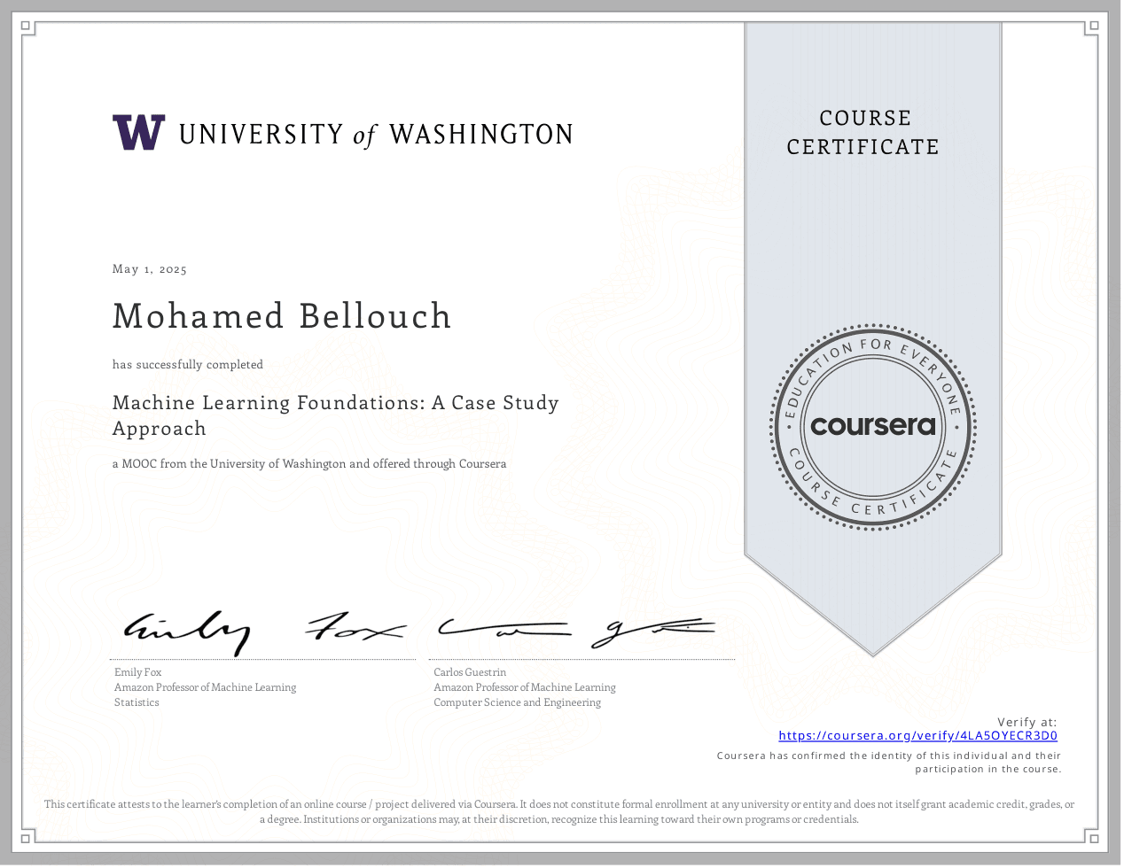 Machine Learning Foundations: A Case Study Approach certificate preview