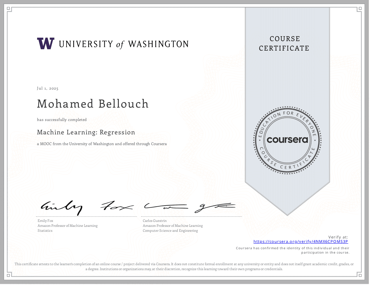 Machine Learning: Regression certificate preview