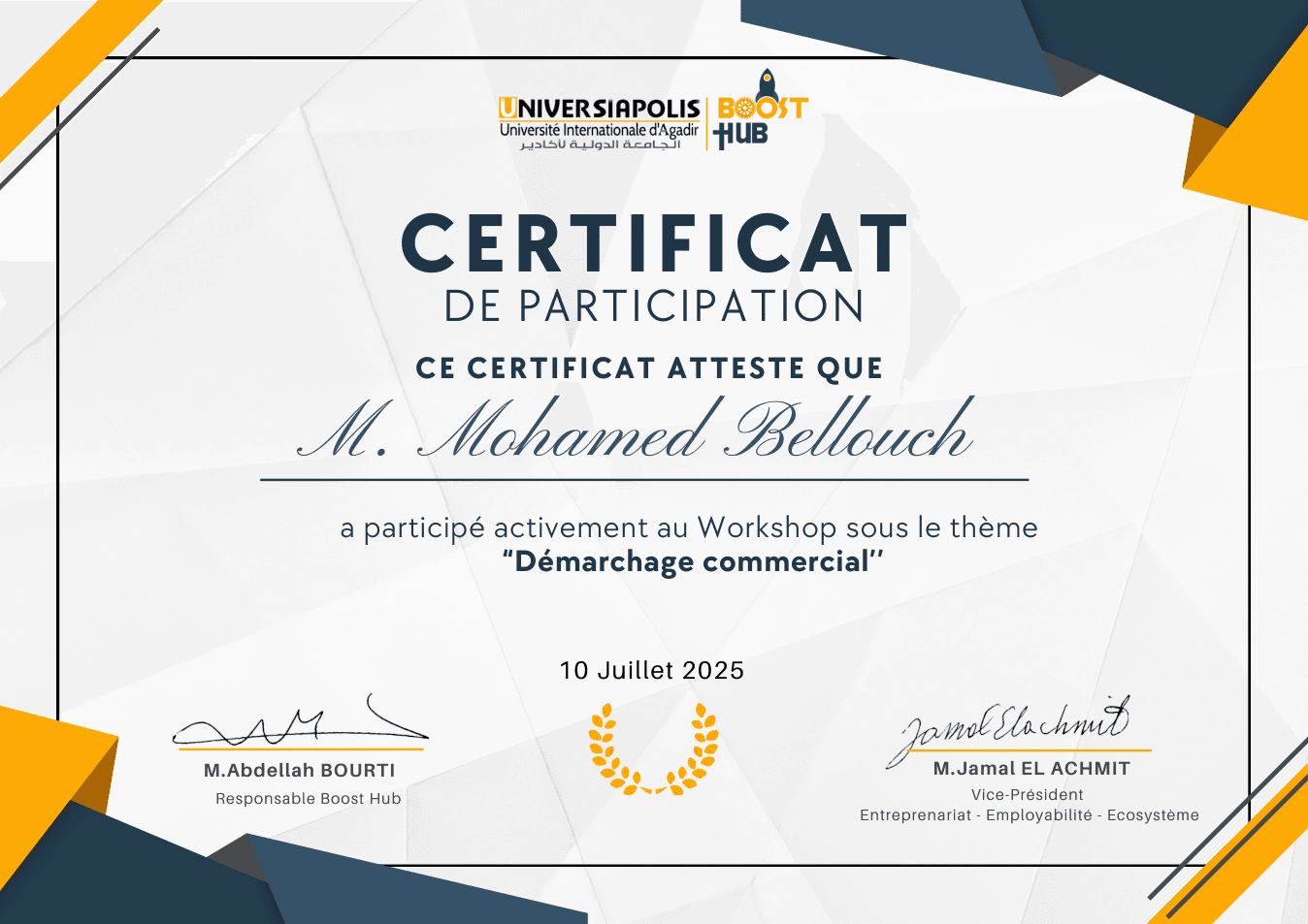 Workshop — Commercial Outreach (Démarchage commercial) certificate preview